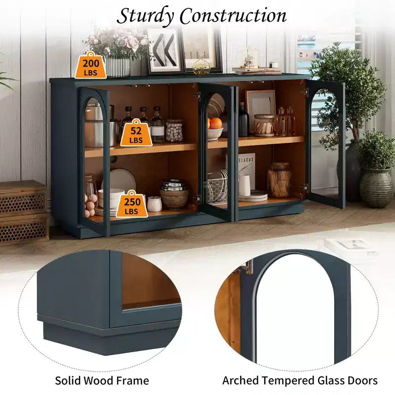 Grand buffet de rangement à 4 portes vitrées, armoire cintrée avec étagères réglables pour la cuisine
