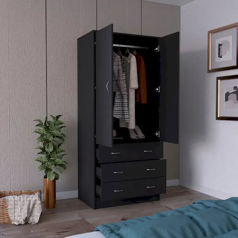 19 Moderner zweitüriger Kleiderschrank mit 3 Schubladen und 1 Kleiderstange fürs Schlafzimmer