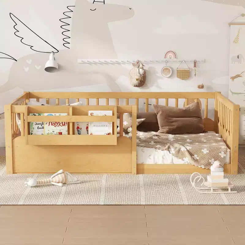 Lit au sol pour enfant Bellemave avec barrières surélevées et bibliothèque, cadre de lit Montessori en bois pour lit simple, pour filles et garçons