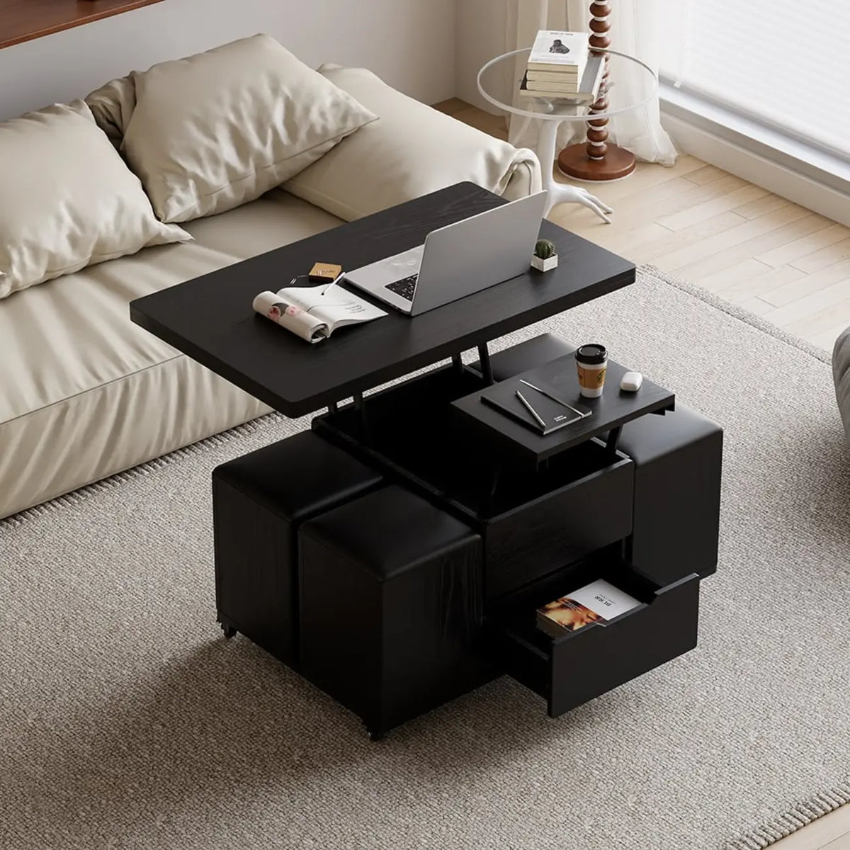 Klappbarer Couchtisch mit Hubplatte, 4 Hockern und Stauraum