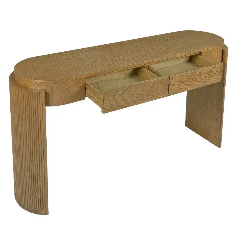 Table console moderne Merax à plateau ovale, avec pieds incurvés cannelés et deux tiroirs dissimulés