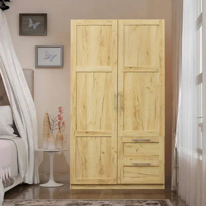 Weißer Kleiderschrank aus Holz mit Türen, Schubladen und Kleiderstange