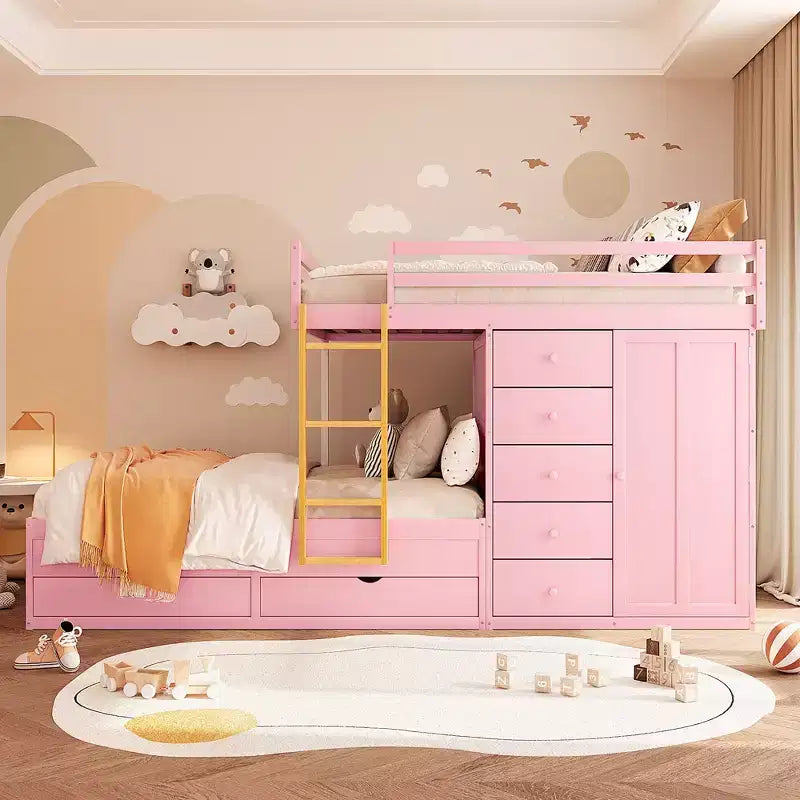 Lit superposé deux places avec lits deux places, armoire de rangement et tiroirs, lit superposé en bois deux places gain de place avec garde-corps pour appartement et chambre