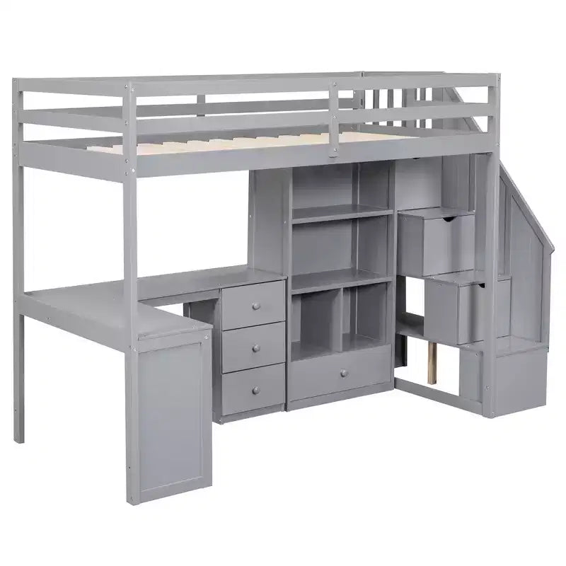 Hochbett in Einzelbettgröße mit L-förmigem Schreibtisch, 3 Schubladen, Schrank und Stauraum in der Treppe, Konstruktion aus massivem Kiefernholz/MDF