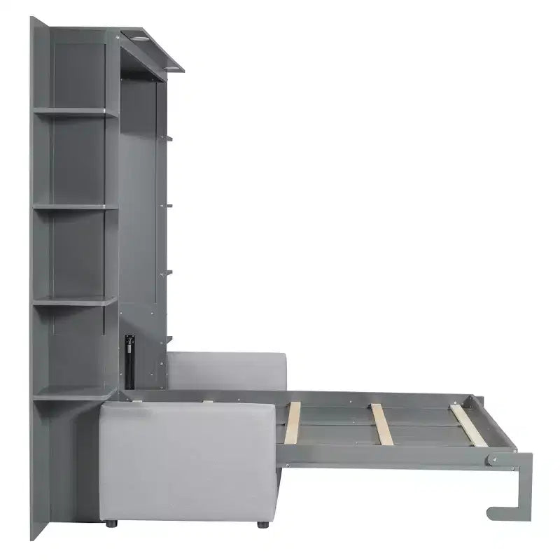Queensize Murphy-bed met bank, opklapbed in kastformaat met boekenkast en planken voor de logeerkamer of het kantoor
