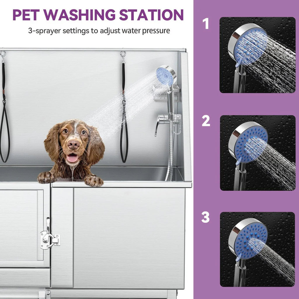 Baignoire de toilettage réglable en acier inoxydable de 50' W avec marches et rampe pour animaux