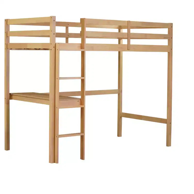 Okak minimalistisches Hochbett mit Leiter, Hochbett für Einzelbettmatratze aus Gummibaumholz mit Sicherheitsgeländer und eingebautem Schreibtisch, Bettgestell für Kinder und Jugendliche