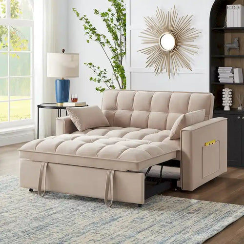 4-in-1-Zweisitzer-Schlafsofa mit Armlehnen und Aufbewahrungstaschen, multifunktionales, getuftetes Ausziehsofa mit verstellbarer Rückenlehne