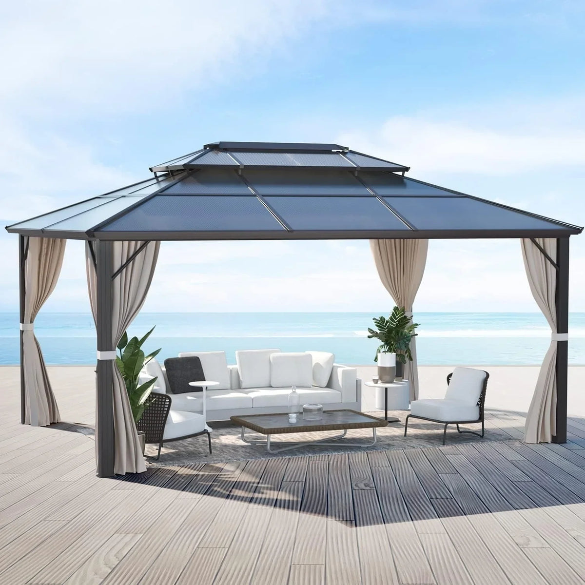 EROMMY Pavillon mit festem Dach, Pergola für den Außenbereich mit Doppeldach, Moskitonetz und Vorhängen, strapazierfähiges Sonnendach für Terrasse, Garten und Poolpartys