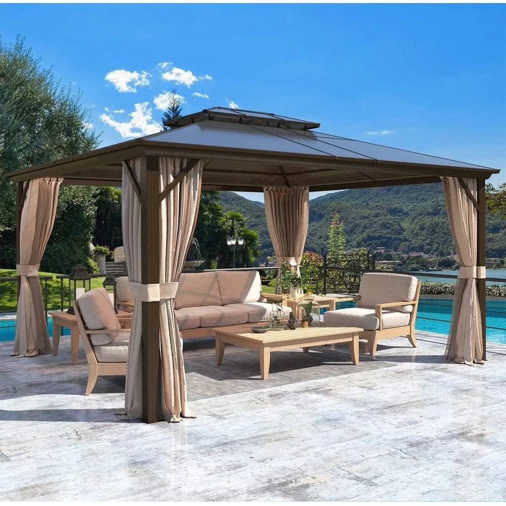 EROMMY Pavillon mit festem Dach, Pergola für den Außenbereich mit Doppeldach, Moskitonetz und Vorhängen, strapazierfähiges Sonnendach für Terrasse, Garten und Poolpartys