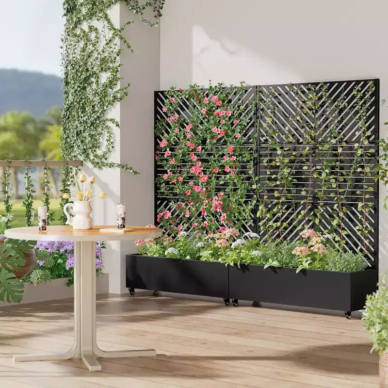 Jardinière MAYEERTY avec treillis en fer noir à lignes parallèles 01, style classique à persiennes, ensemble combiné de 3 pièces, 72x47x16in