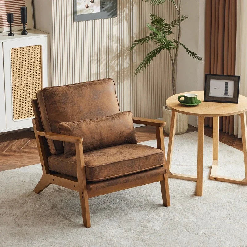 Gepolsterter Akzentstuhl aus Leinenmischgewebe mit Holzbeinen und einem Kissen, Beige