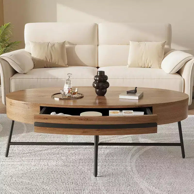 Acekool ovaler Couchtisch mit Schublade, 47.2, Holztisch mit Stauraum und gekreuzten Metallbeinen, moderner Mid-Century-Couchtisch in Naturfarben und goldenem Weidenholz