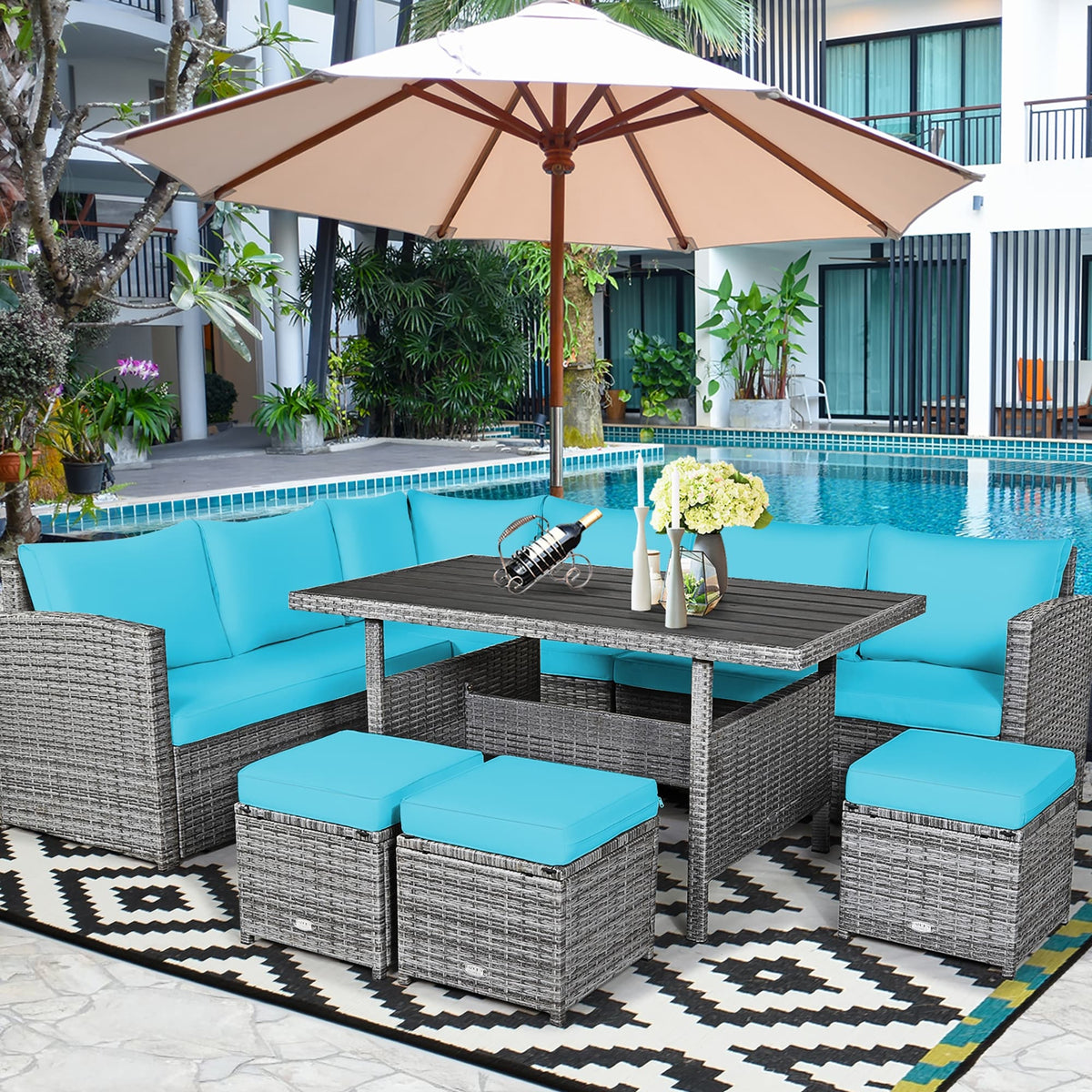 Costway 7-teiliges Ess-Set aus Polyrattan für die Terrasse mit Ecksofa und Hocker - Details ansehen