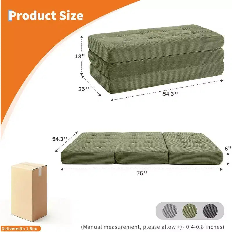 Składany materac SunnyFurn o grubości 6 Inch, rozkładana sofa 3-częściowa, piankowe łóżko dla gości 75X54.3 z prążkowanego sztruksu, przenośne na kemping, do salonu i sypialni