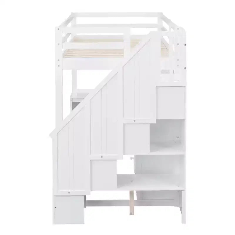 Hochbett in Einzelbettgröße mit L-förmigem Schreibtisch, 3 Schubladen, Schrank und Stauraum in der Treppe, Konstruktion aus massivem Kiefernholz/MDF