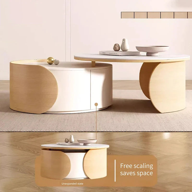 Moderner runder Couchtisch, Tischplatte aus Stein, Naturholz - 50  x 31.5