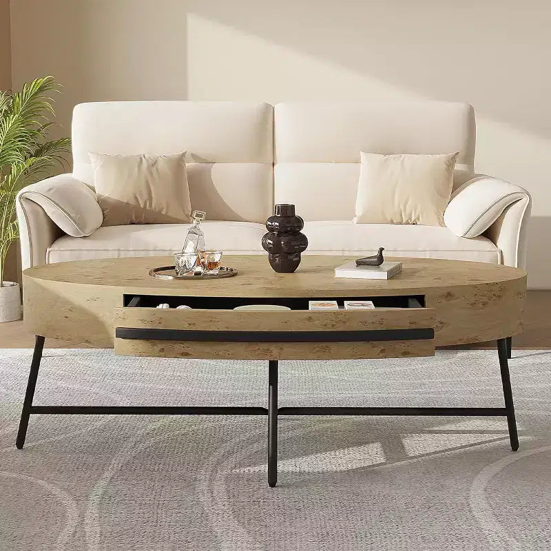 Acekool ovaler Couchtisch mit Schublade, 47.2, Holztisch mit Stauraum und gekreuzten Metallbeinen, moderner Mid-Century-Couchtisch in Naturfarben und goldenem Weidenholz