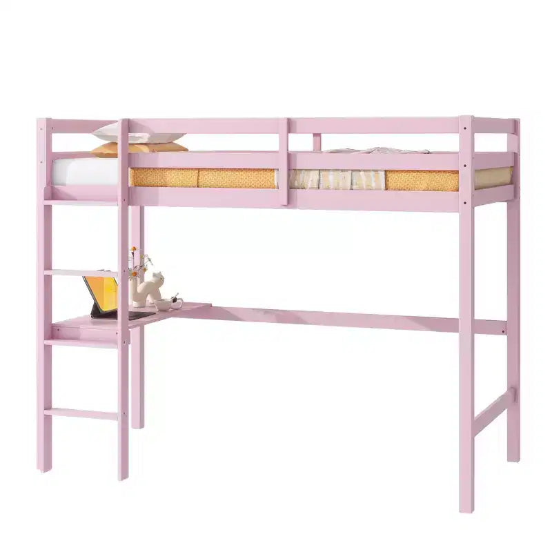 Okak minimalistisches Hochbett mit Leiter, Hochbett für Einzelbettmatratze aus Gummibaumholz mit Sicherheitsgeländer und eingebautem Schreibtisch, Bettgestell für Kinder und Jugendliche