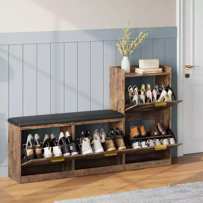 Meuble à chaussures avec banc et 4 tiroirs basculants - Rangement étroit pour entrée, pour 35-40 paires