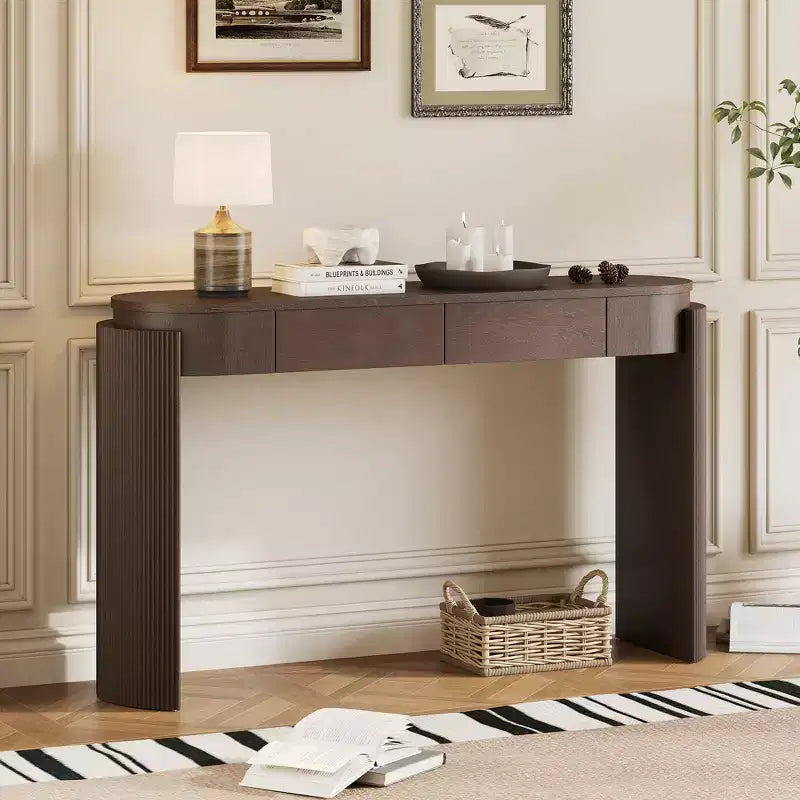 Moderne consoletafel van Merax met ovaal blad, gecanneleerde gebogen poten en twee verborgen laden
