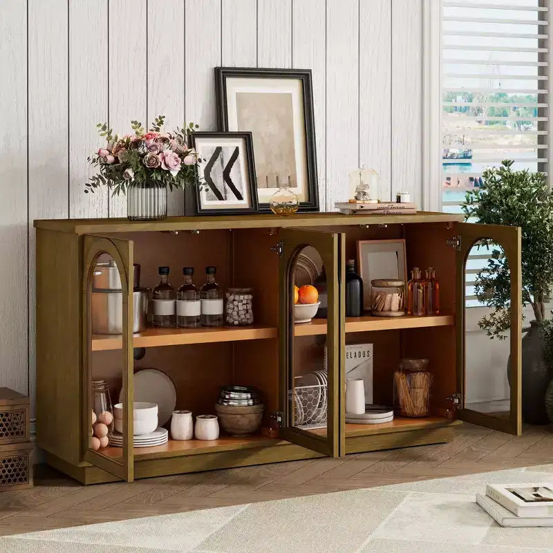 Grand buffet de rangement à 4 portes vitrées, armoire cintrée avec étagères réglables pour la cuisine