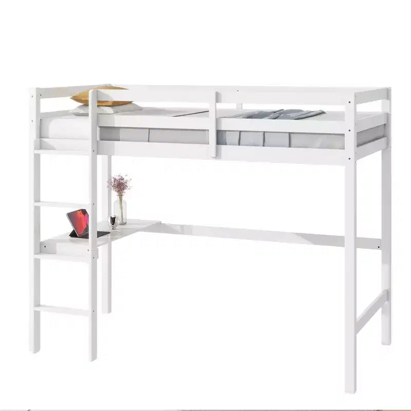 Okak minimalistisches Hochbett mit Leiter, Hochbett für Einzelbettmatratze aus Gummibaumholz mit Sicherheitsgeländer und eingebautem Schreibtisch, Bettgestell für Kinder und Jugendliche