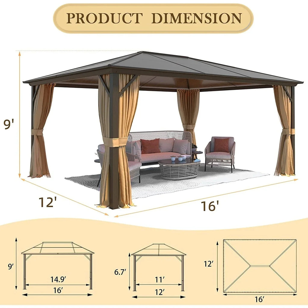 EROMMY Pavillon mit festem Dach, Pergola für den Außenbereich mit Doppeldach, Moskitonetz und Vorhängen, strapazierfähiges Sonnendach für Terrasse, Garten und Poolpartys