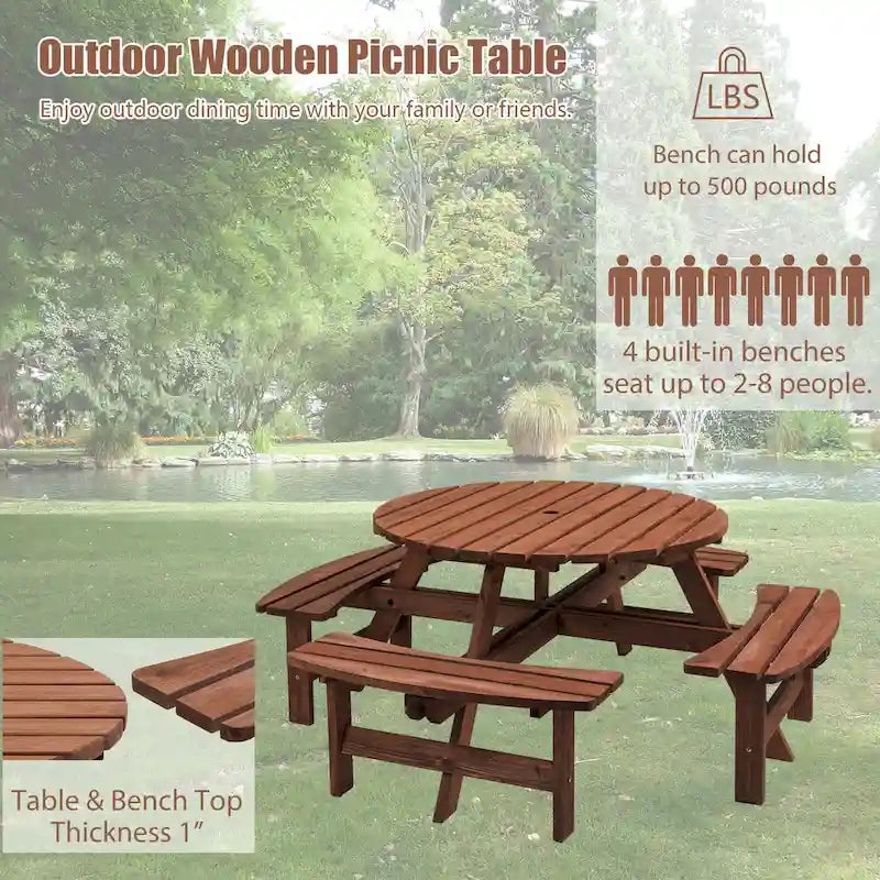 Rundes Picknickset aus Douglasienholz für 8 Personen für Terrasse und Garten, mit 4 integrierten Bänken und Schirmloch
