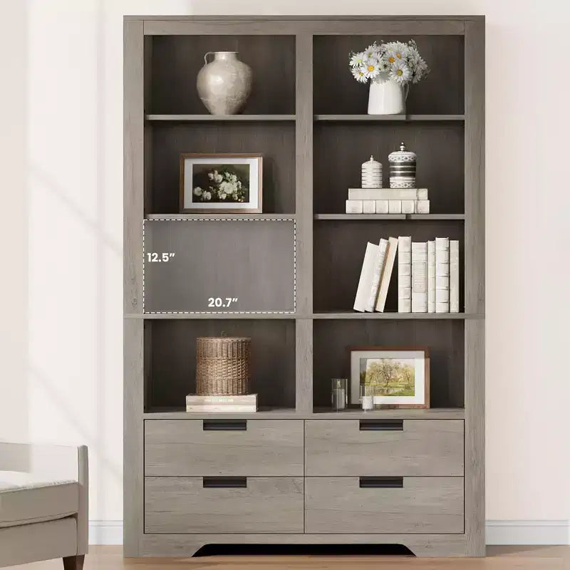 Bibliothèque haute de 72 avec 4 tiroirs, étagère de rangement autoportante de style rustique pour chambre, salon et bureau à domicile
