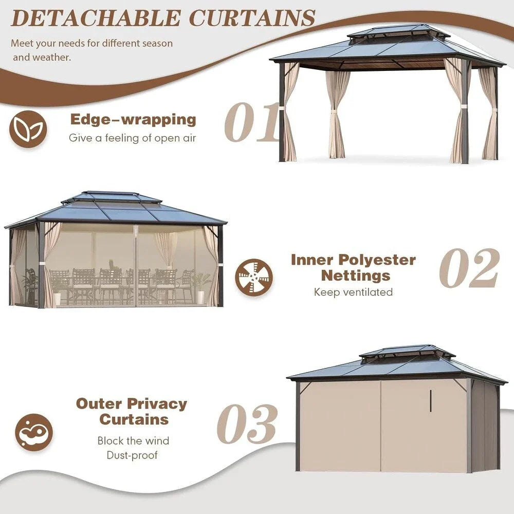 EROMMY Pavillon mit festem Dach, Pergola für den Außenbereich mit Doppeldach, Moskitonetz und Vorhängen, strapazierfähiges Sonnendach für Terrasse, Garten und Poolpartys