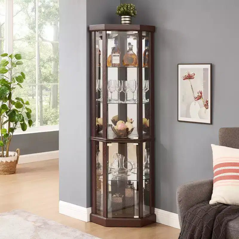 Hoekvitrinekast met glazen deuren en planken, hoekvitrine voor de woonkamer