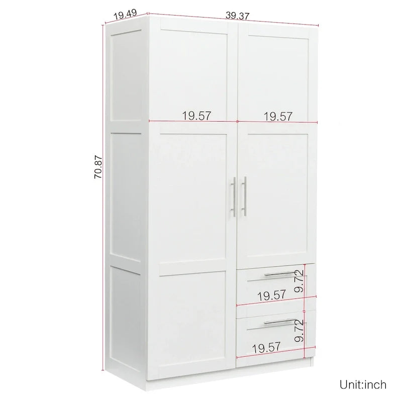 Weißer Kleiderschrank aus Holz mit Türen, Schubladen und Kleiderstange