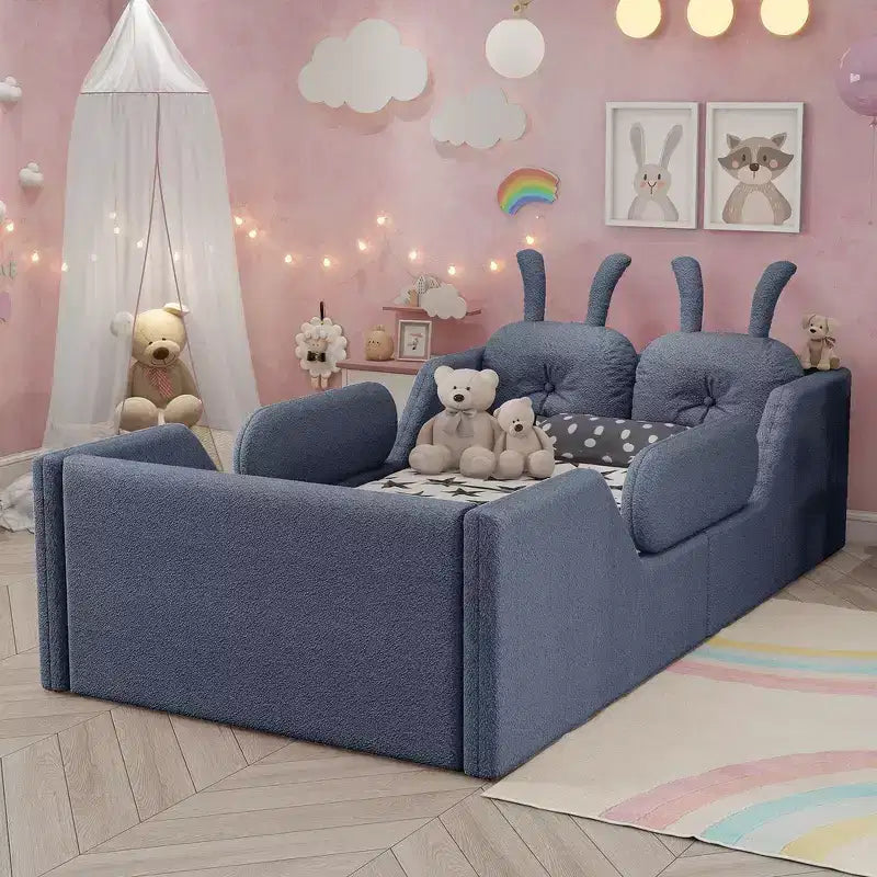 Whisen-Einzelbett mit Plattform, gepolstertes Kinder-Bodenbettgestell mit Hasenkissen und abnehmbaren Seitengittern