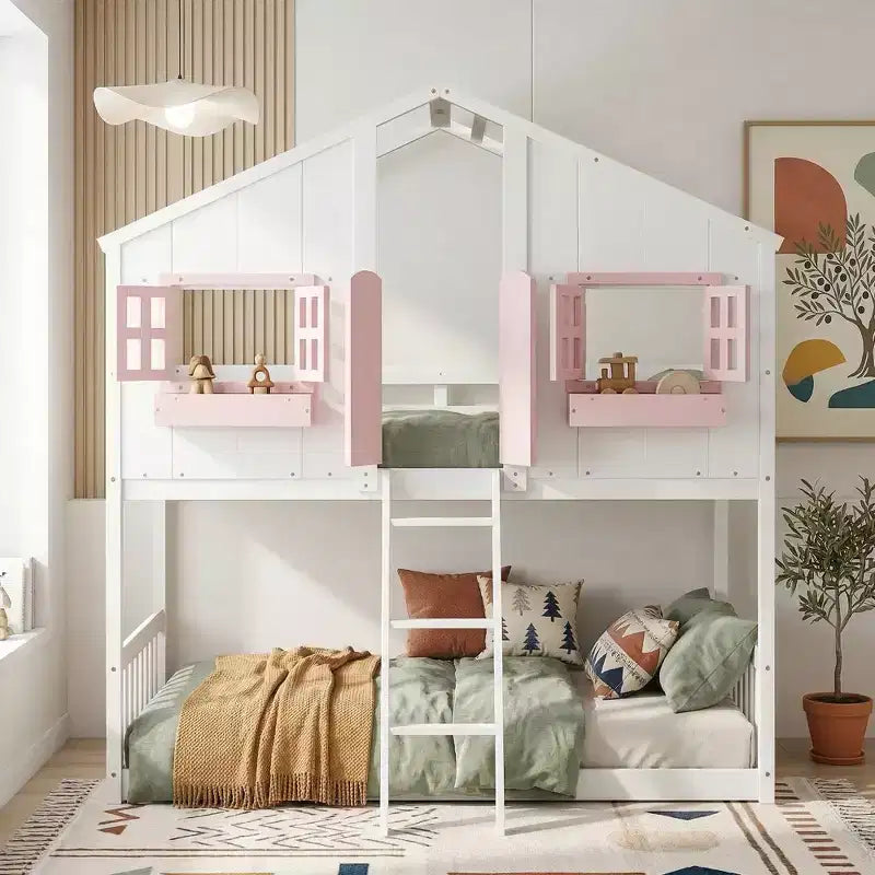 Hoogslaper in huisvorm voor een eenpersoonsbed, houten speelhuis-hoogslaper met ladder en veiligheidsleuningen voor kinderen