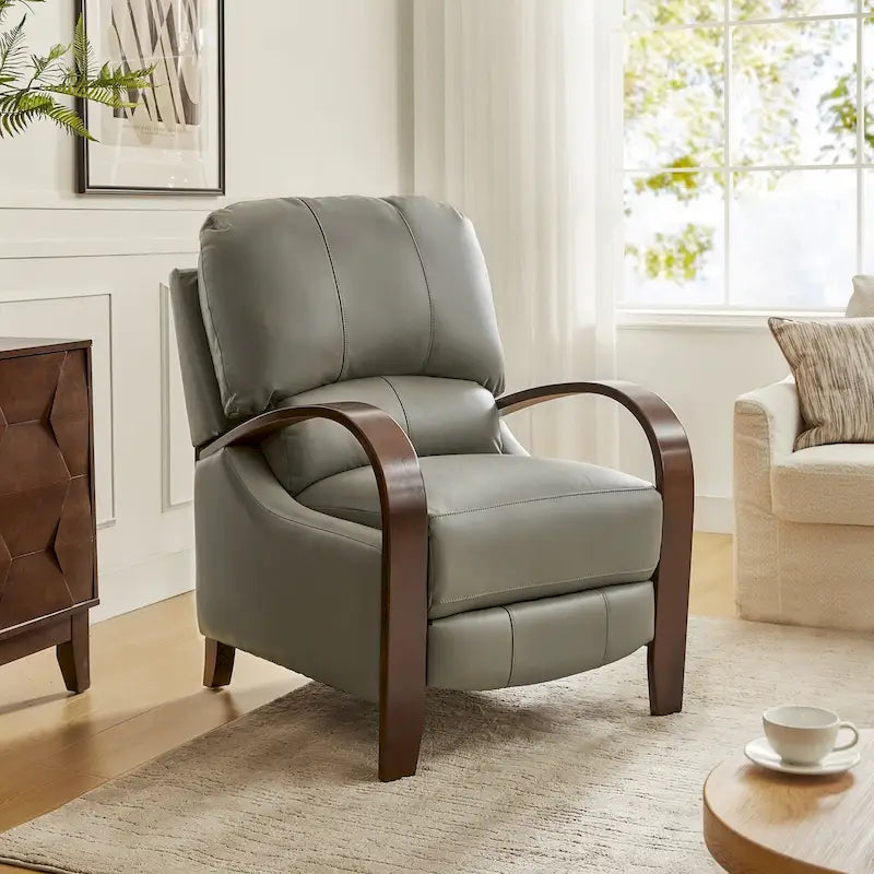 Fauteuil inclinable manuel Alex, style moderne du milieu du siècle, en cuir véritable coloris cigare, avec accoudoirs incurvés en bois