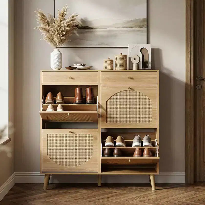 Szafka na buty Karl Home z rattanowymi frontami, 2 szufladami i 4 uchylnymi przegrodami, z płyty wiórowej, szerokość 41.34 W