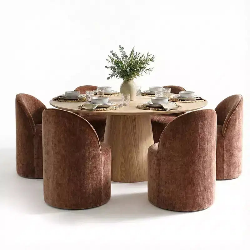 Ensemble de salle à manger moderne pour 6 personnes, table ronde à piètement central, fauteuils pivotants en forme de tonneau à roulettes, chenille texturée - Panipeachy