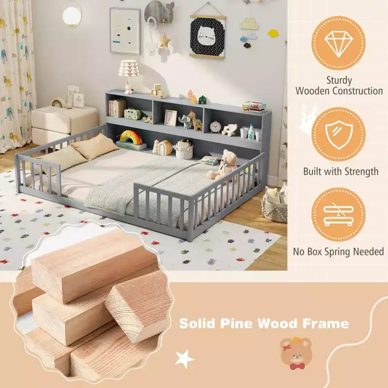 Łóżko podłogowe Montessori Twin/Full z półkami na książki i barierkami zabezpieczającymi, białe/szare