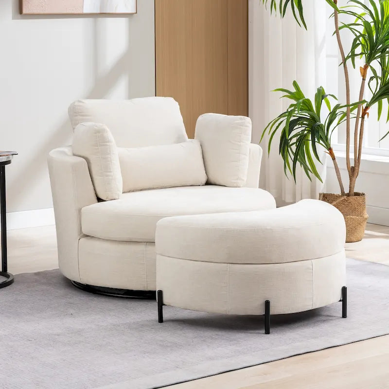 Gestoffeerde draaibare fauteuil van 42.3W met 4 kussens en halvemaanvormige opbergpoef