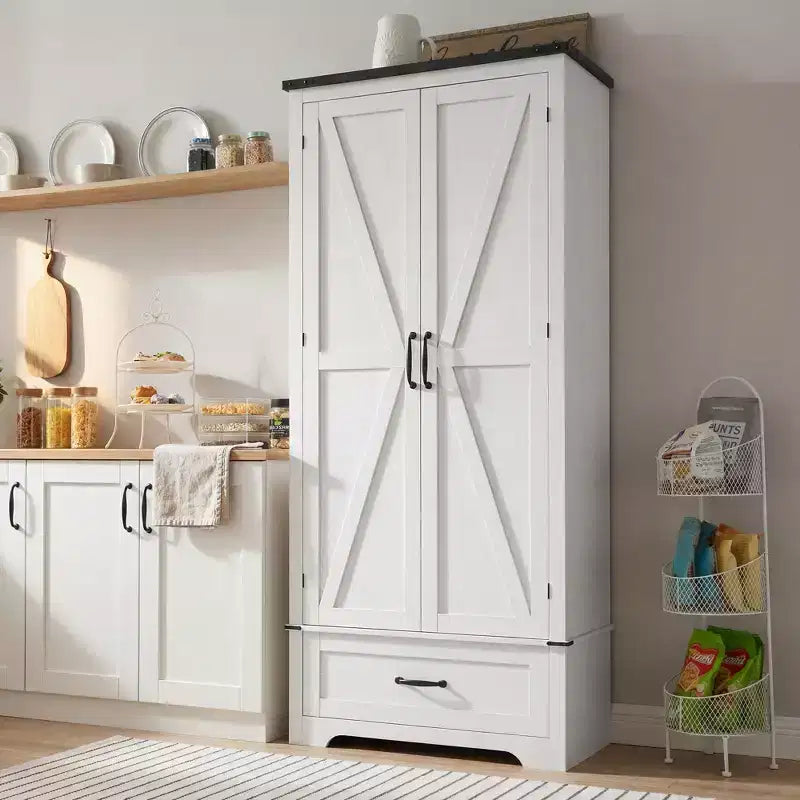 HOMCOM 72 Farmhouse Pantry Cabinet with Barn Doors, Tall Kitchen Pantry Storage Cabinet with Adjustable Shelves and Drawer