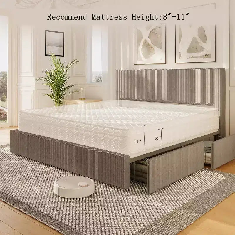 CuisinSmart-Bettrahmen aus Cord mit Kopfteil, gepolsterter Plattformbett-Rahmen mit 4 Schubladen und Lattenrost aus Holz
