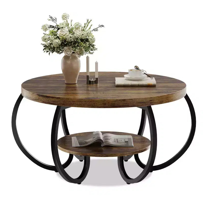 Table basse industrielle ronde de 30 pouces à 2 niveaux avec pieds réglables, étagère à effet bois, motif flamme, montage facile, salon