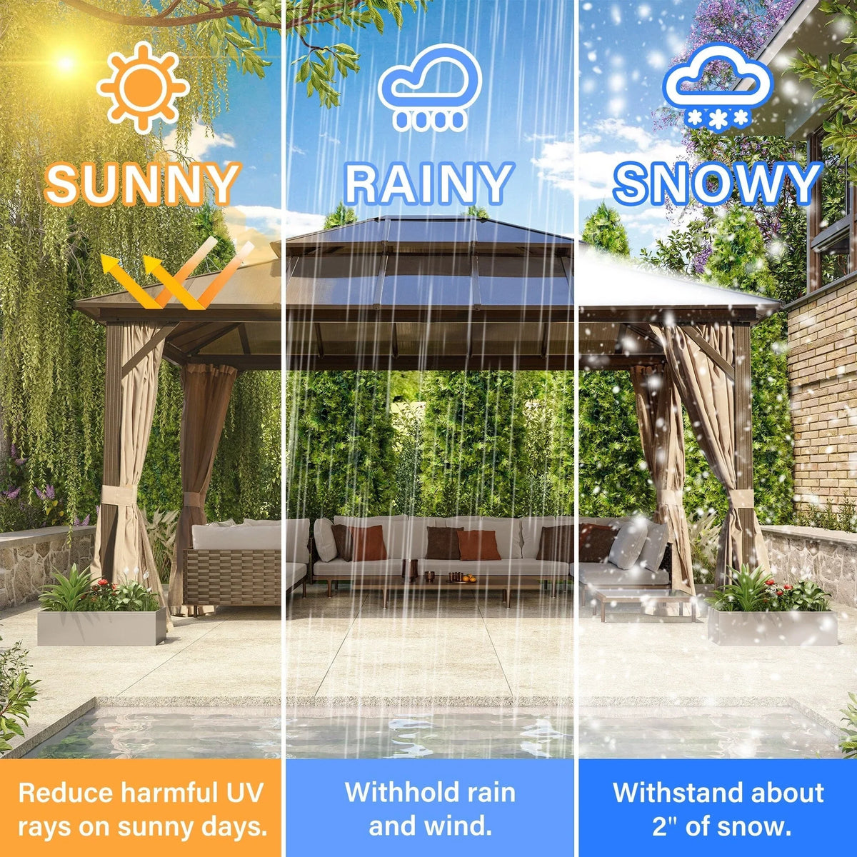 EROMMY Pavillon mit festem Dach, Pergola für den Außenbereich mit Doppeldach, Moskitonetz und Vorhängen, strapazierfähiges Sonnendach für Terrasse, Garten und Poolpartys