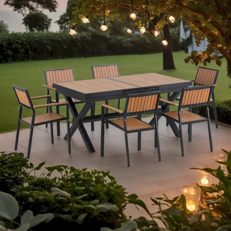 Ensemble de repas d’extérieur extensible 7 pièces avec table extensible et 6 fauteuils