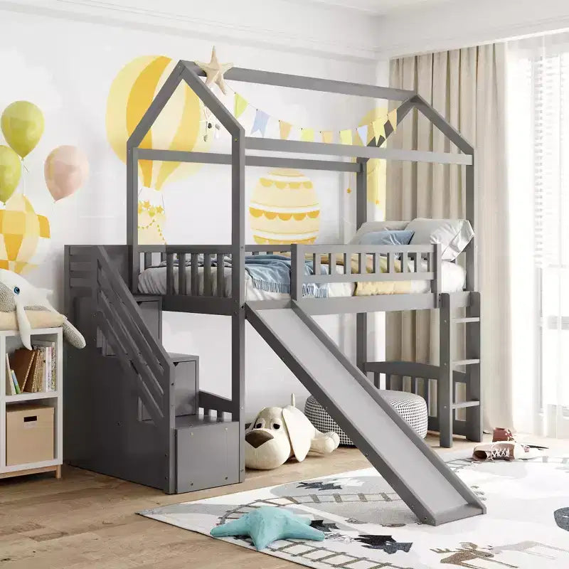 Hochbett in Hausform für Einzelbetten mit Rutsche und Treppe, Hochbett mit Schubladen, Holzhütten-Hochbett für Kinder und Kleinkinder