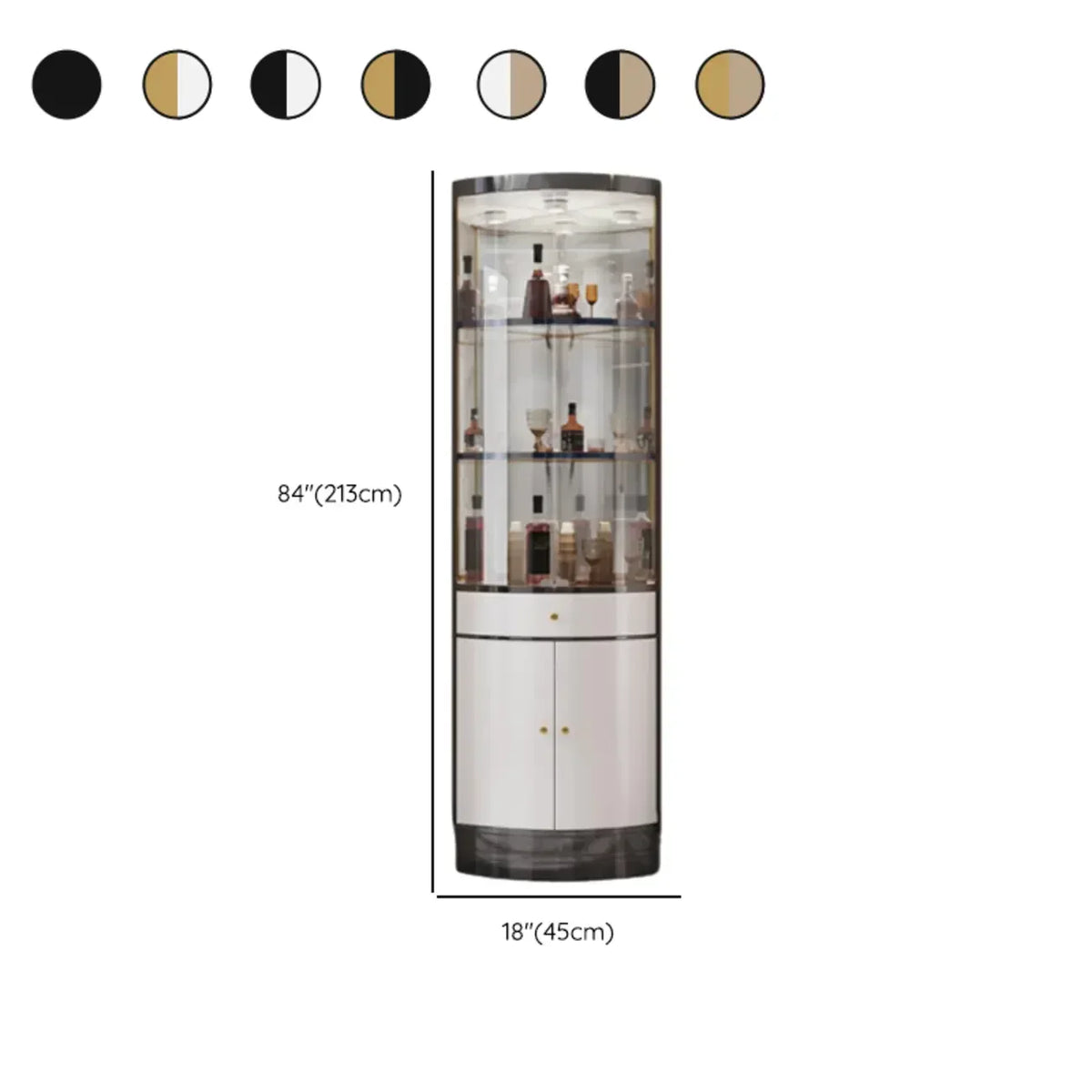 Meuble d’angle à plusieurs niveaux avec étagères en verre et métal, pour rangement, présentation et bouteilles de vin