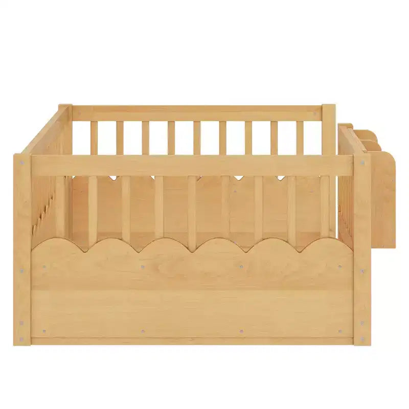 Lit au sol pour enfant Bellemave avec barrières surélevées et bibliothèque, cadre de lit Montessori en bois pour lit simple, pour filles et garçons