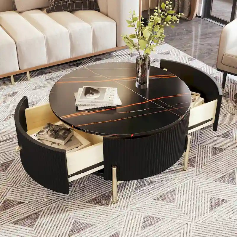 Moderne ronde salontafel van 31.5 met grote opberglade
