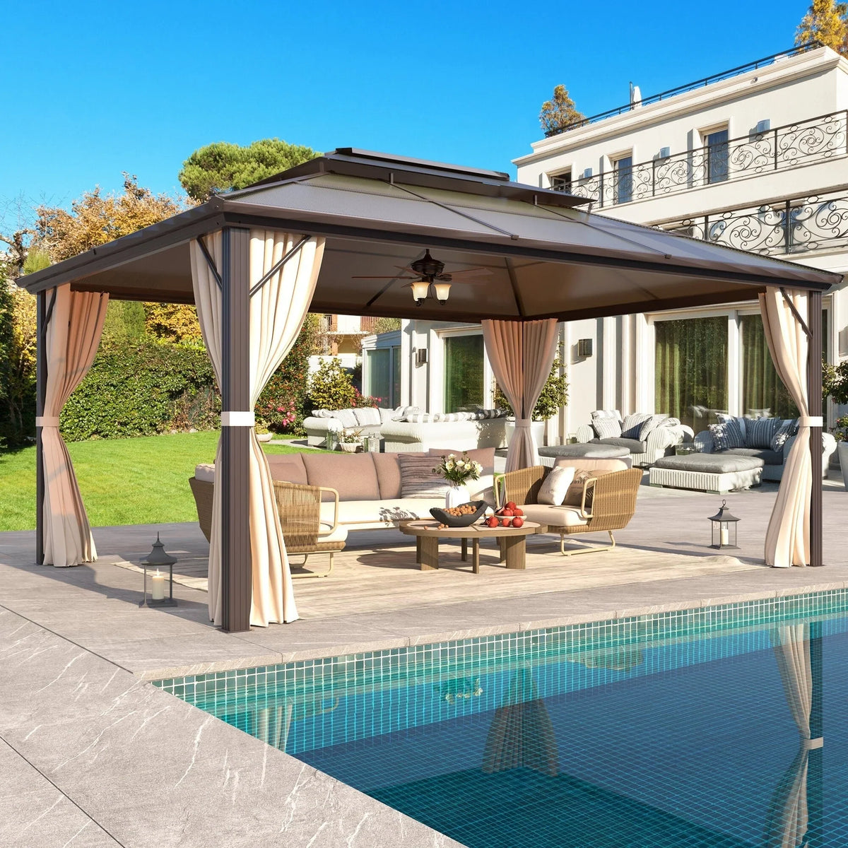 EROMMY Pavillon mit festem Dach, Pergola für den Außenbereich mit Doppeldach, Moskitonetz und Vorhängen, strapazierfähiges Sonnendach für Terrasse, Garten und Poolpartys